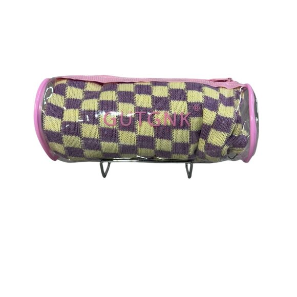 NEW 2Pcs Checkered Cosmetic Bag and Brush Bag - Yellow/Purple - Picture 4 of 7